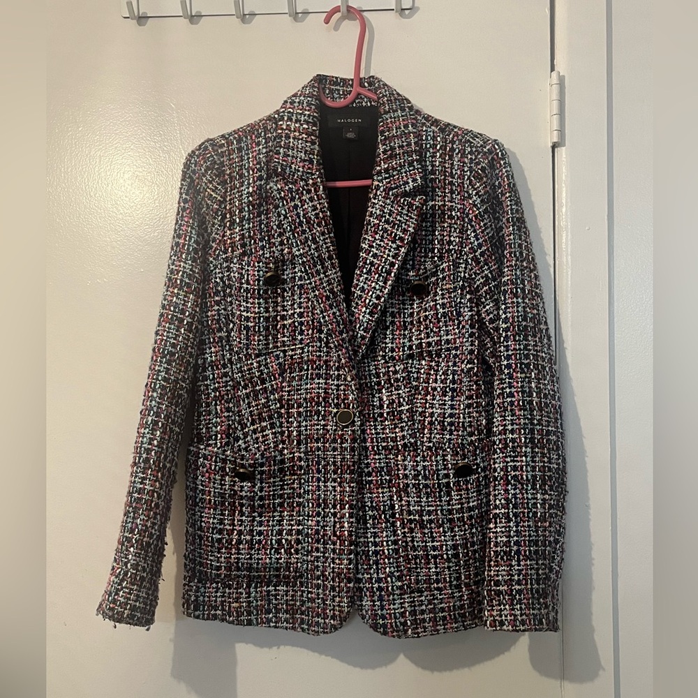 Halogen Multicolored Tweed Blazer Jacket Sz S Textured Boucle One Button EUC